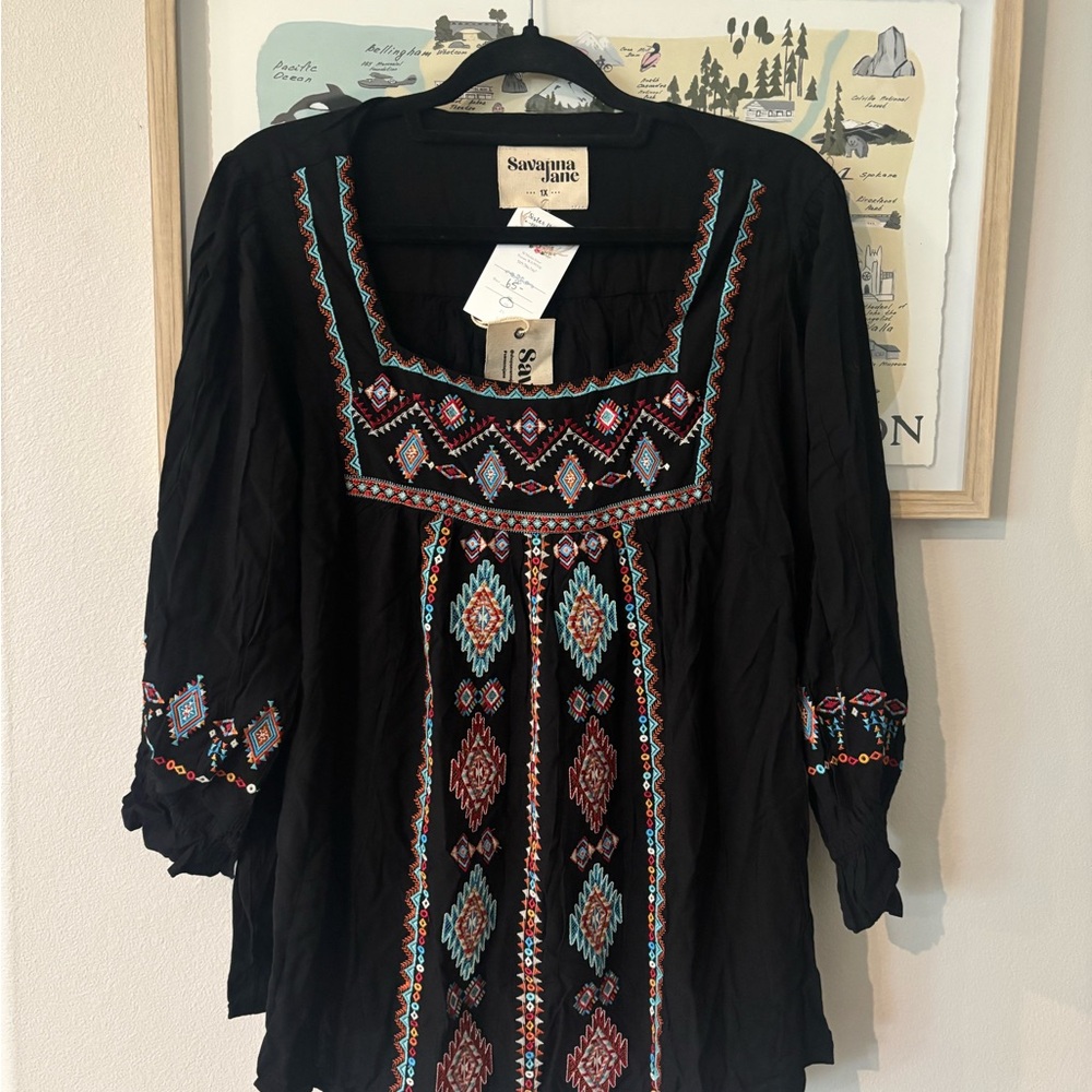 Savanna Jane Black Top with Multicolor Embroidery
